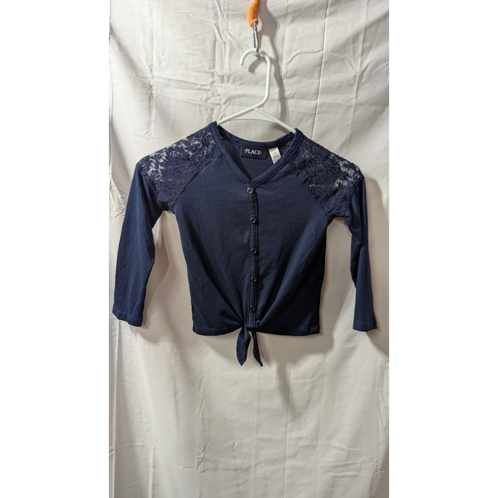 Girls (4), Children's Place Blue Long Sleeve Blouse With Lace Sleeve Accents New